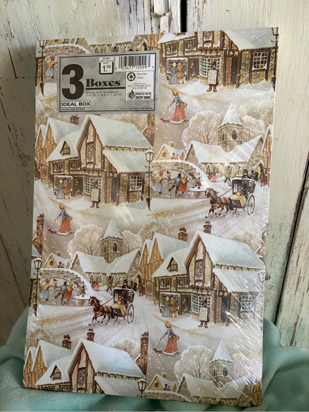 1 pack of 3 1994 vintage Victorian winter scene and poinsettias shirt boxes
